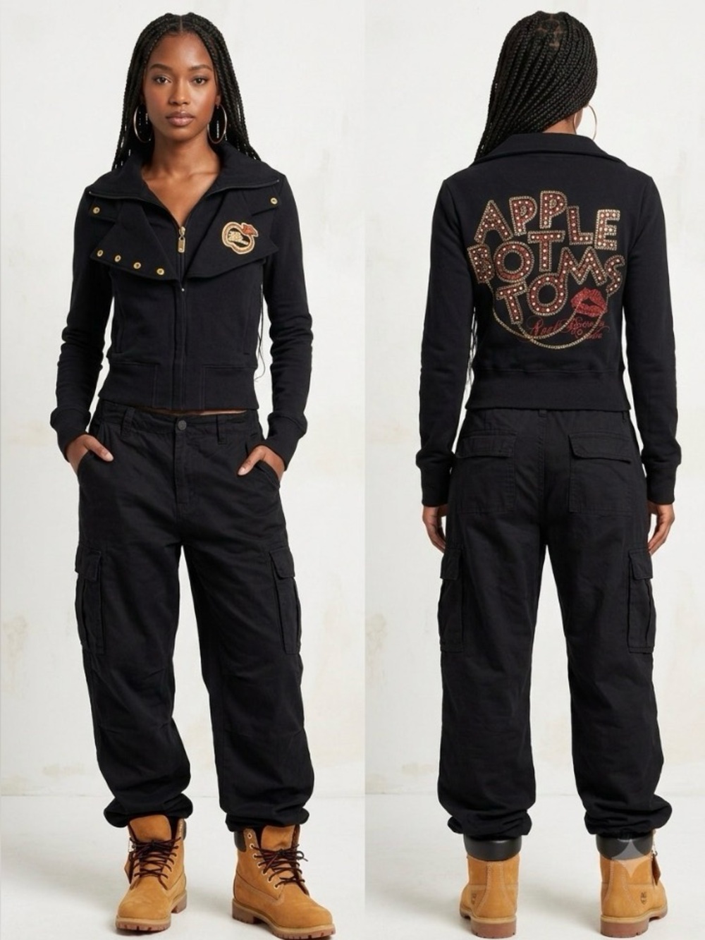 RARE VTG Y2K Apple Bottoms Black Moto Snap Collar Jacket Embellished Graphic M